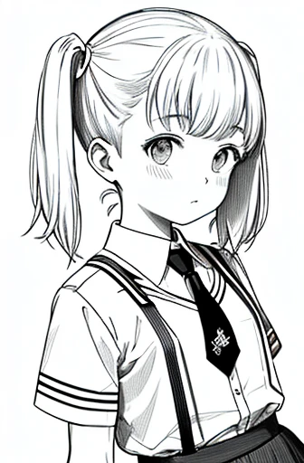 Upper body,masterpiece, acura, 1 girl, one person,pigtails on the bottom,primary school student,skirt,tie, white background, monochrome, line drawing, ((sketch))