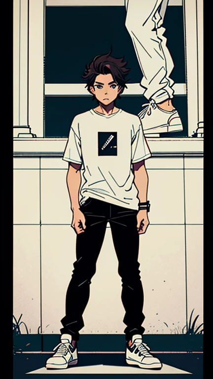 Homem de 12 anos, cabelo branco, magro, standing, black pants, White sneakers, anime