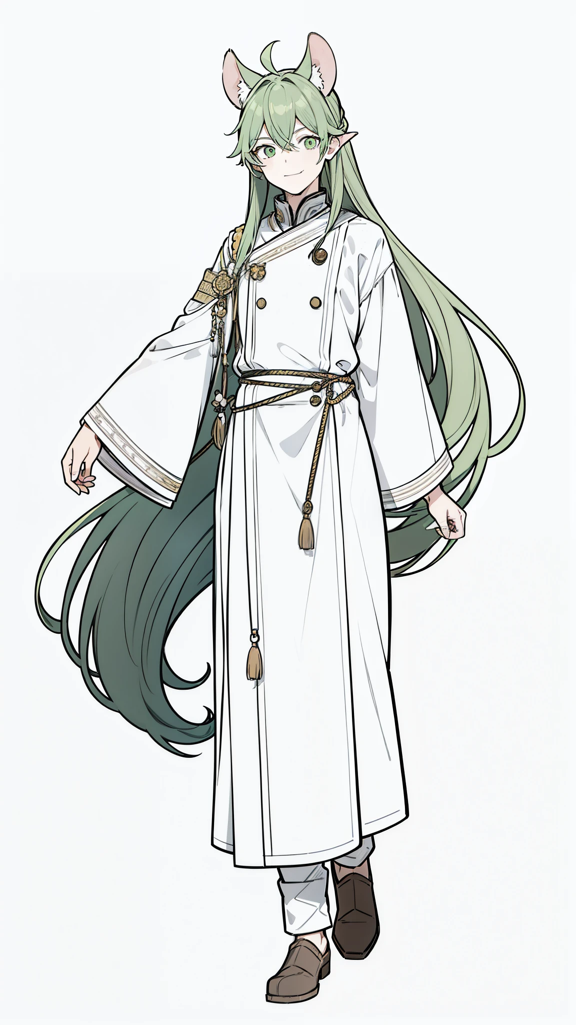 (1man,male,30 years),smile,solo,neutral face,market outfit,long hair,green hair,(rat ears),(white background,line drawing),walking,full body,from front,looking to the viewer
