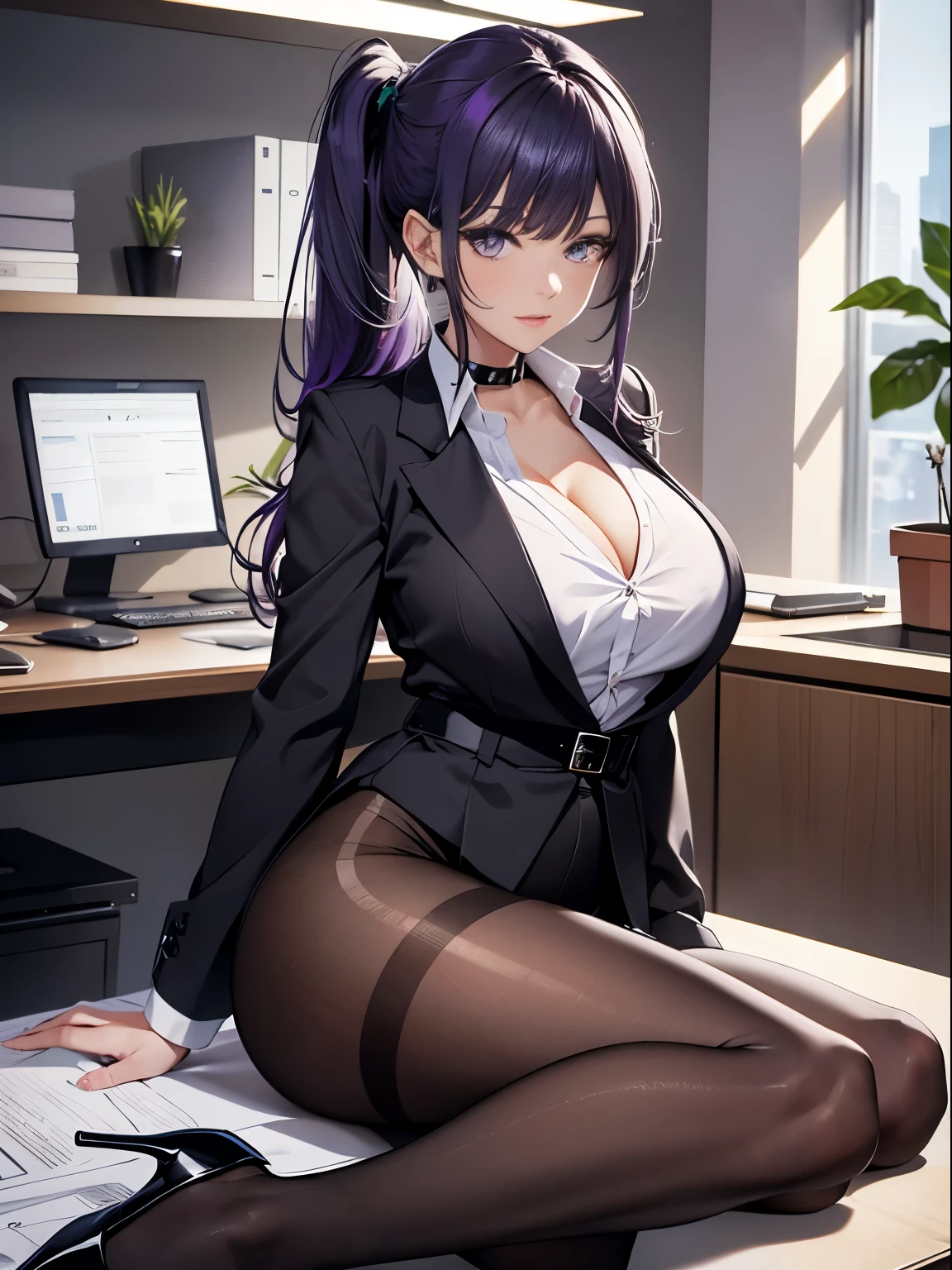 absurd, 8K ,High resolution, Super detailed, beautiful, masterpiece, highest quality, (beautiful and delicate silver eyes), (1 girl) ,OLとして働くセクシーなbeautiful若い女性 (office lady),white button-down blouse,With collar,black slit skirt,(black pantyhose),long legs ,fine legs,high heels,side ponytail , bangs,full body esbian,big breasts,cleavage,purple hair,