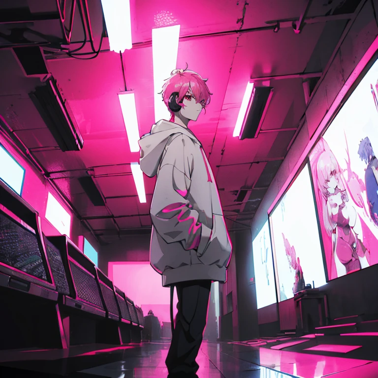 (top quality), (masterpiece), (Super detailed), (shortcut), (two block hair), (bright pink hair), (red eyes), (cool pose), (Man standing in a recording studio wearing headphones), (oversized hoodie), (Street style), (neon), (neonデイライト), (cinematic), (stylish), (High resolution), (hyper-detailed), (Nightcore), (a handsome guy), (IG studio anime style), (Low - Angle), (looking at the camera), (visualize)