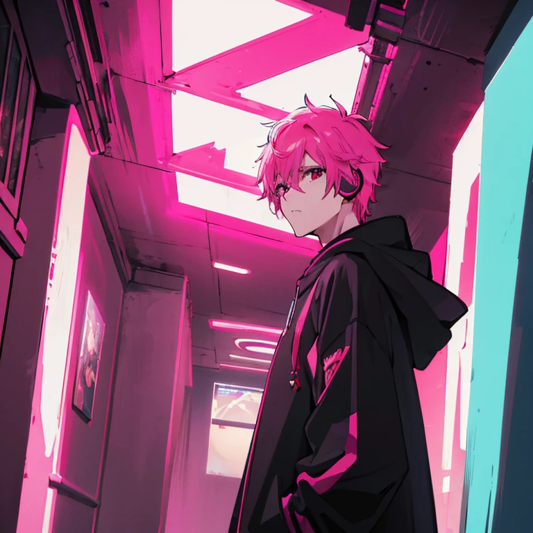 (top quality), (masterpiece), (Super detailed), (shortcut), (two block hair), (bright pink hair), (red eyes), (cool pose), (Man standing in a recording studio wearing headphones), (oversized hoodie), (Street style), (neon), (neonデイライト), (cinematic), (stylish), (High resolution), (hyper-detailed), (Nightcore), (a handsome guy), (IG studio anime style), (Low - Angle), (looking at the camera), (visualize)