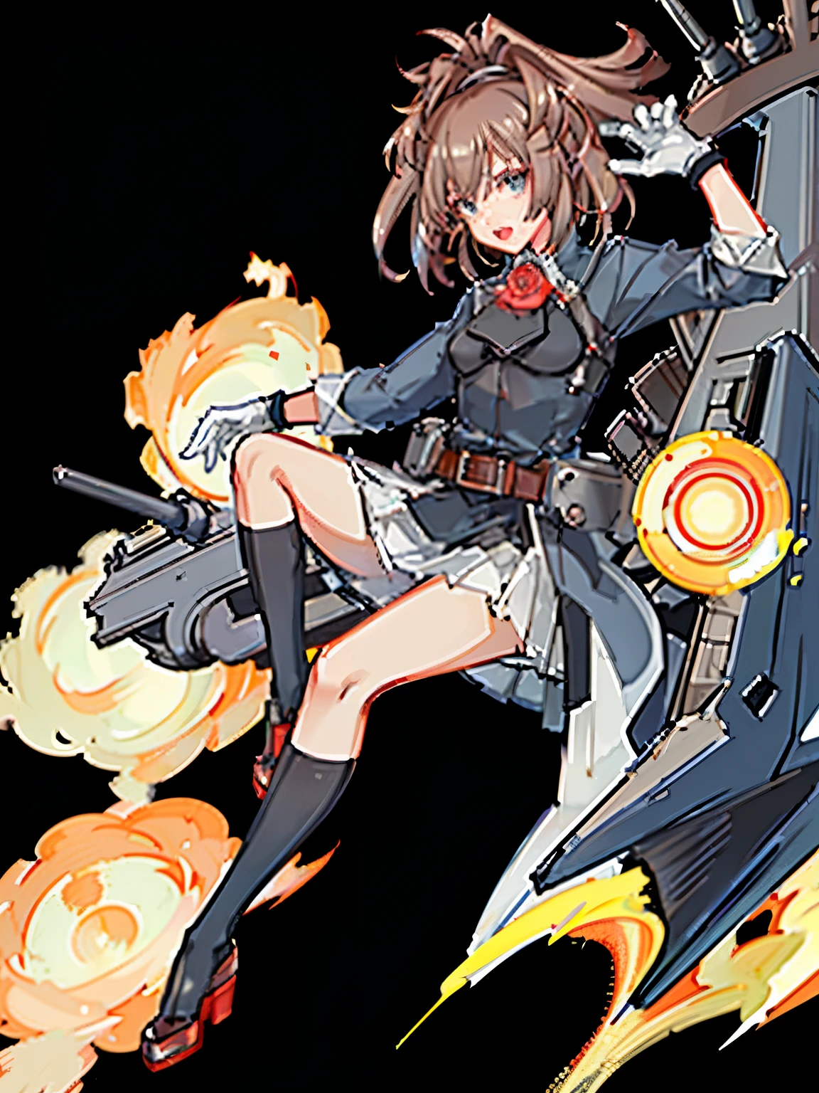 sheffield \(kancolle\) , 1girl, solo, red ascot, skirt, gloves, ascot, red flower, flower, white gloves, rose, belt, red rose, belt buckle, full body, white skirt, pleated skirt, socks, buckle, kneehighs, simple background, brown belt, uniform, open mouth, black socks, military, rudder footwear, white background, military uniform, long sleeves, original, intricate detail, illustration, masterpiece, extremely detailed CG unity 8k wallpaper, highlight, sharpening, dynamic,  