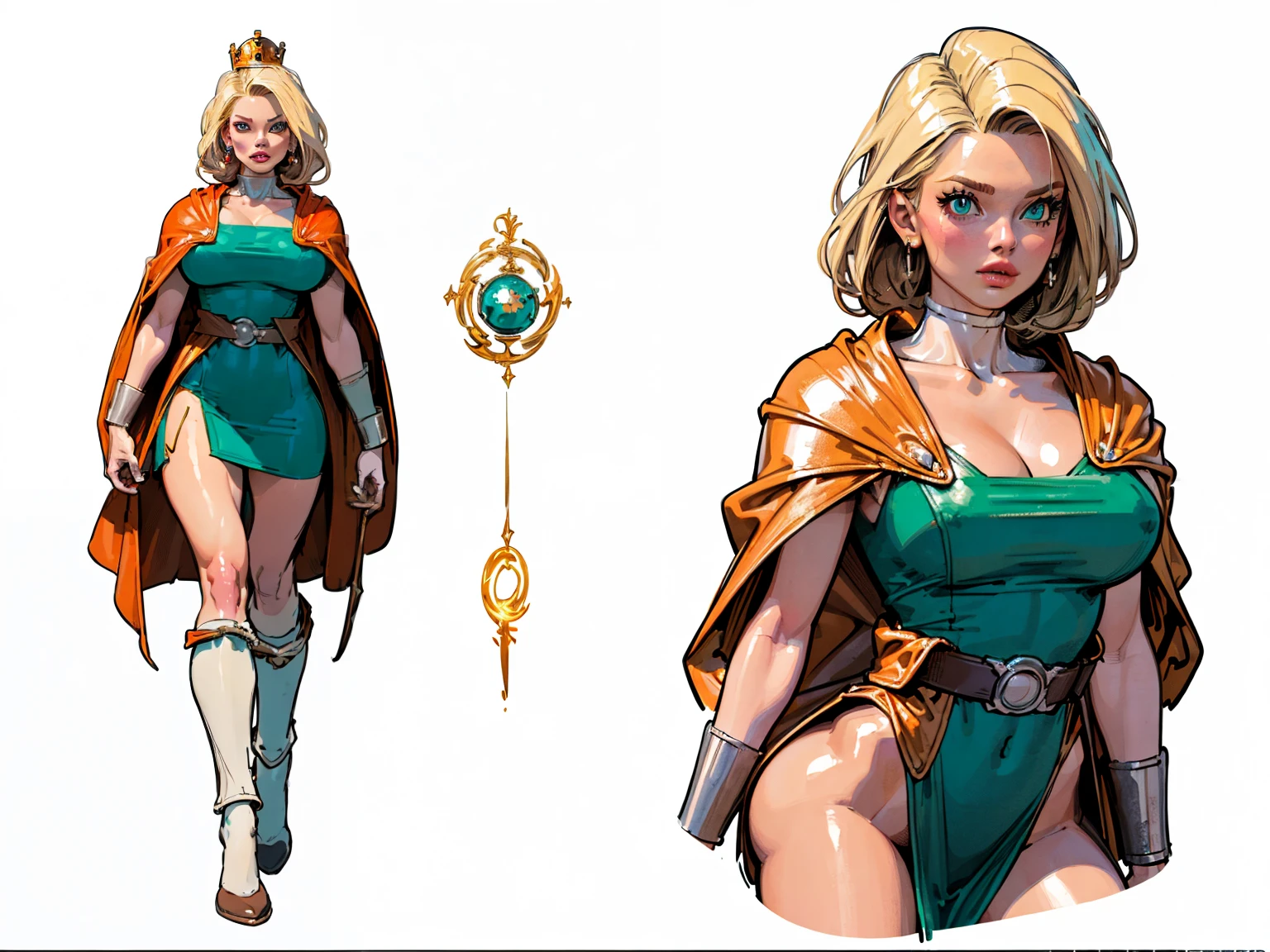 ((masterpiece)),(((best quality))), (white skin:1.4), white legs, thick legs, (royalty cape:1.5), scribbles and marks, fire, ((detailed face:1.1)), (Bianca Whitaker), dragon quest, (clean lines), perfect rendering, ((official art)), aqua dress color, white and gold cape, pose too, blonde and white color palette, 8k,16k, (simple background, light background: 1.3)