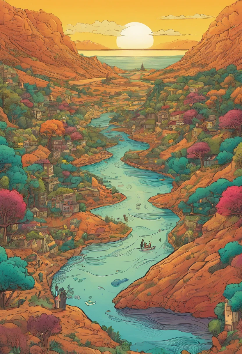 A polluted river runs through from top to bottom, serpenteando, between mountains, pueblos rurales, bosques, ciudades, industrias, indigenous populations, etc... a su paso, you see a succession of human actions, contaminantes con la flora, la fauna y el medio ambiente, affecting other populations along the river, that will finally flow into the sea. With a plasticine model aesthetic