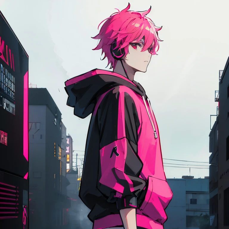 (top quality), (masterpiece), (Super detailed), (shortcut), (two block hair), (bright pink hair), (red eyes), (cool pose), (Man standing in a recording studio wearing headphones), (oversized hoodie), (Street style), (neon), (neonデイライト), (cinematic), (stylish), (High resolution), (hyper-detailed), (Nightcore), (a handsome guy), (IG studio anime style), (Low - Angle), (looking at the camera), (visualize)
