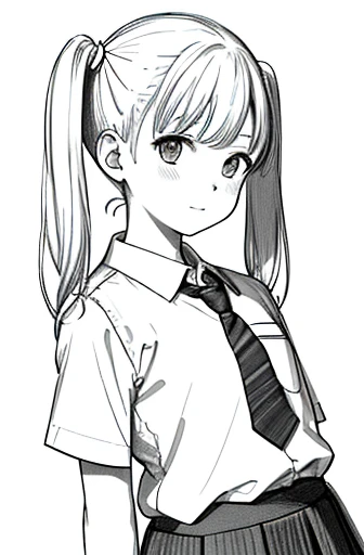 Upper body,masterpiece, acura, 1 girl, one person,pigtails in a low position,primary school student,skirt,tie, white background, monochrome, line drawing, ((sketch))