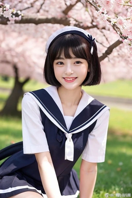 1 girl、body whole、Naughty smile、Real like a photo、Very short black hair、under the cherry tree、cat-eyed beautiful girl、18-year-old、healthy dark skin、piece、fine、I'm a little thin、sailor suit、black stockings