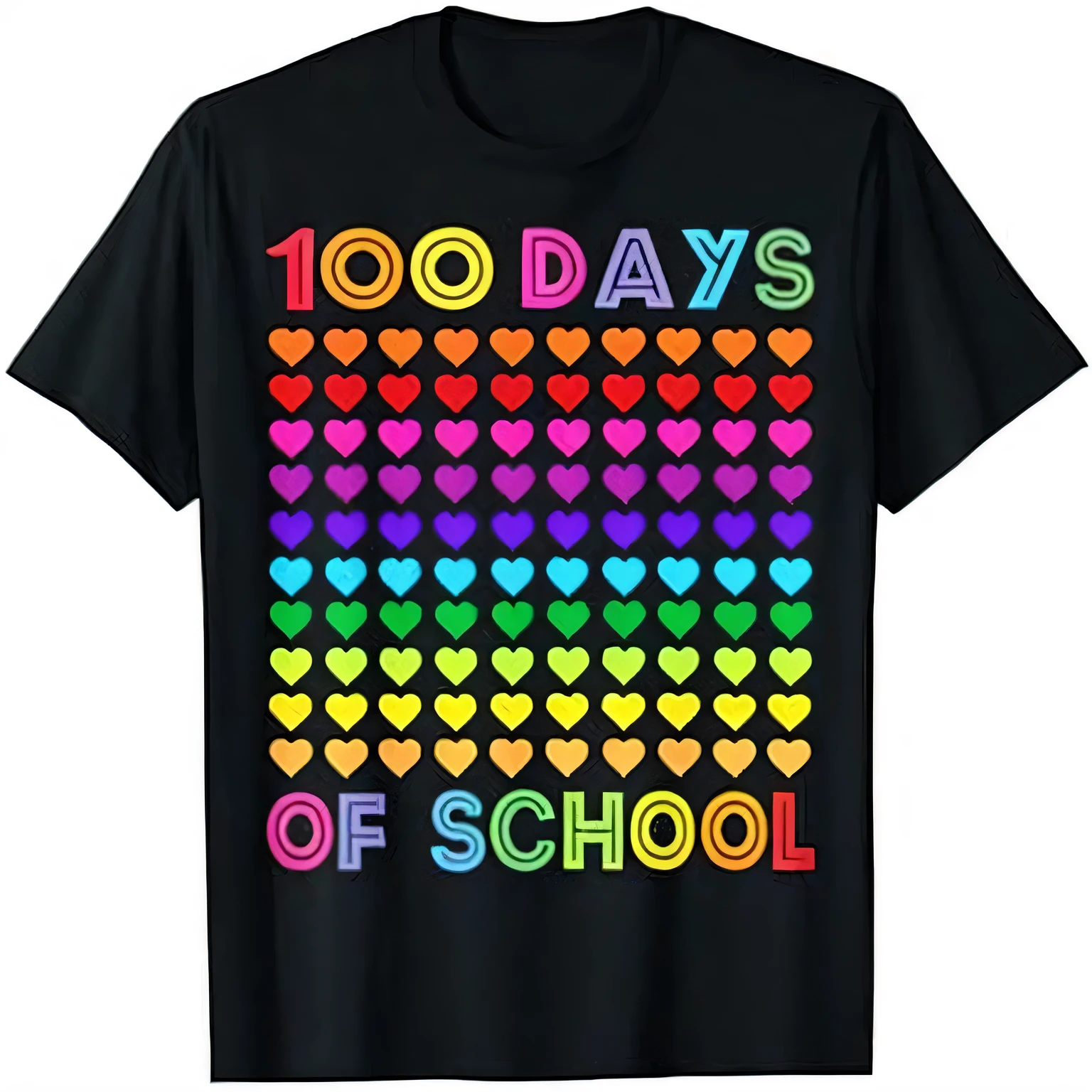 une chemise noire avec des coeurs arc-en-ciel qui dit 100 jours d'école, points ben jour colorés, Tshirt multicolore Art, Top 100, 1 0 0 annonce, jour, 1 0 0 1, signe qui dit 1 0 0, écoles, Vêtements arc-en-ciel, pour l'annuaire du lycée, 1 0 0 m, conception de chemise, Couleur arc-en-ciel