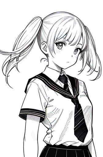 Upper body,masterpiece, acura, 1 girl, one person,Undertwin tail ,primary school student,skirt,tie,  white background, monochrome, line drawing, ((sketch))
