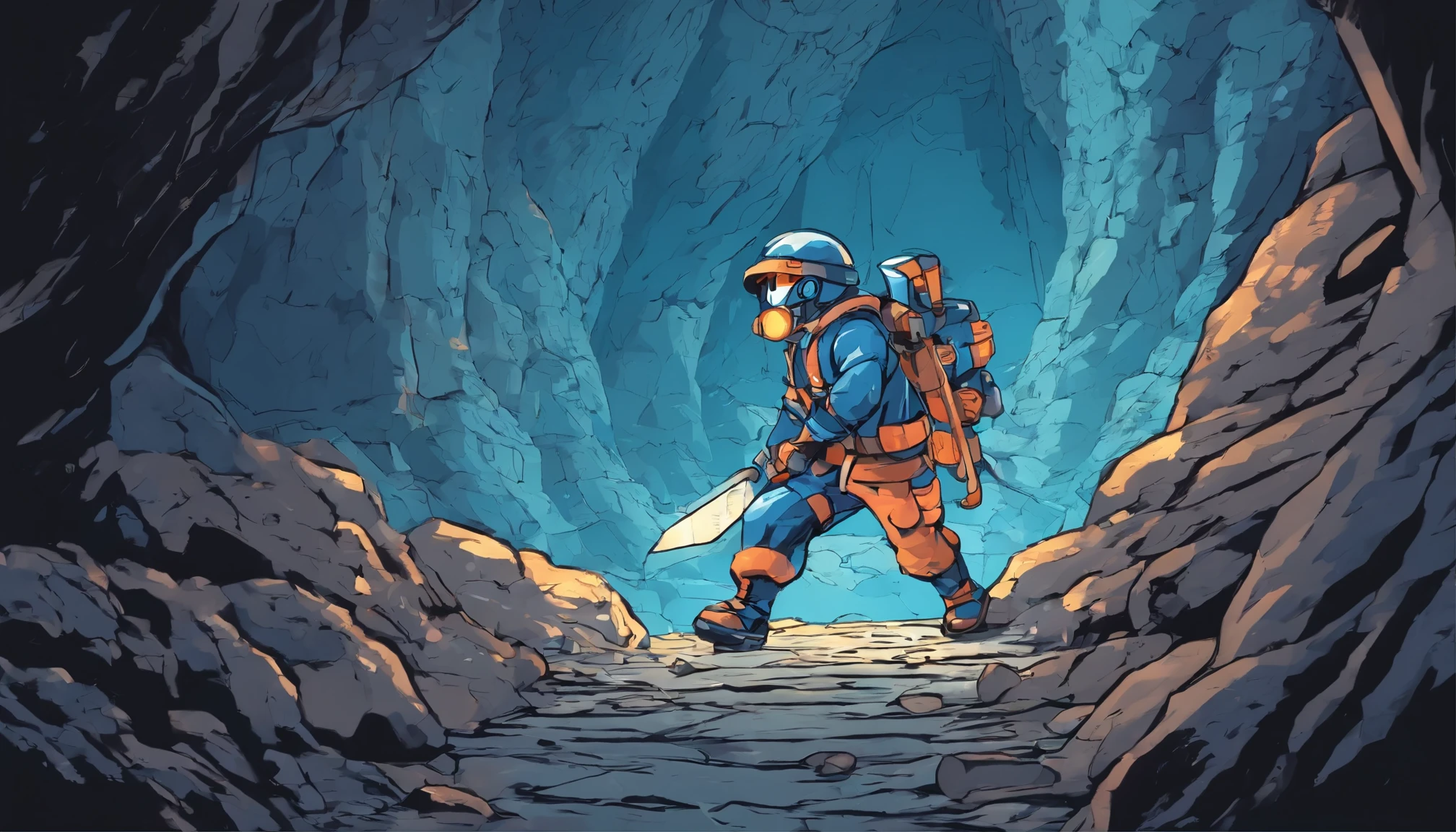 miner in a gloomy cave with blue mining outfit and a pickaxe