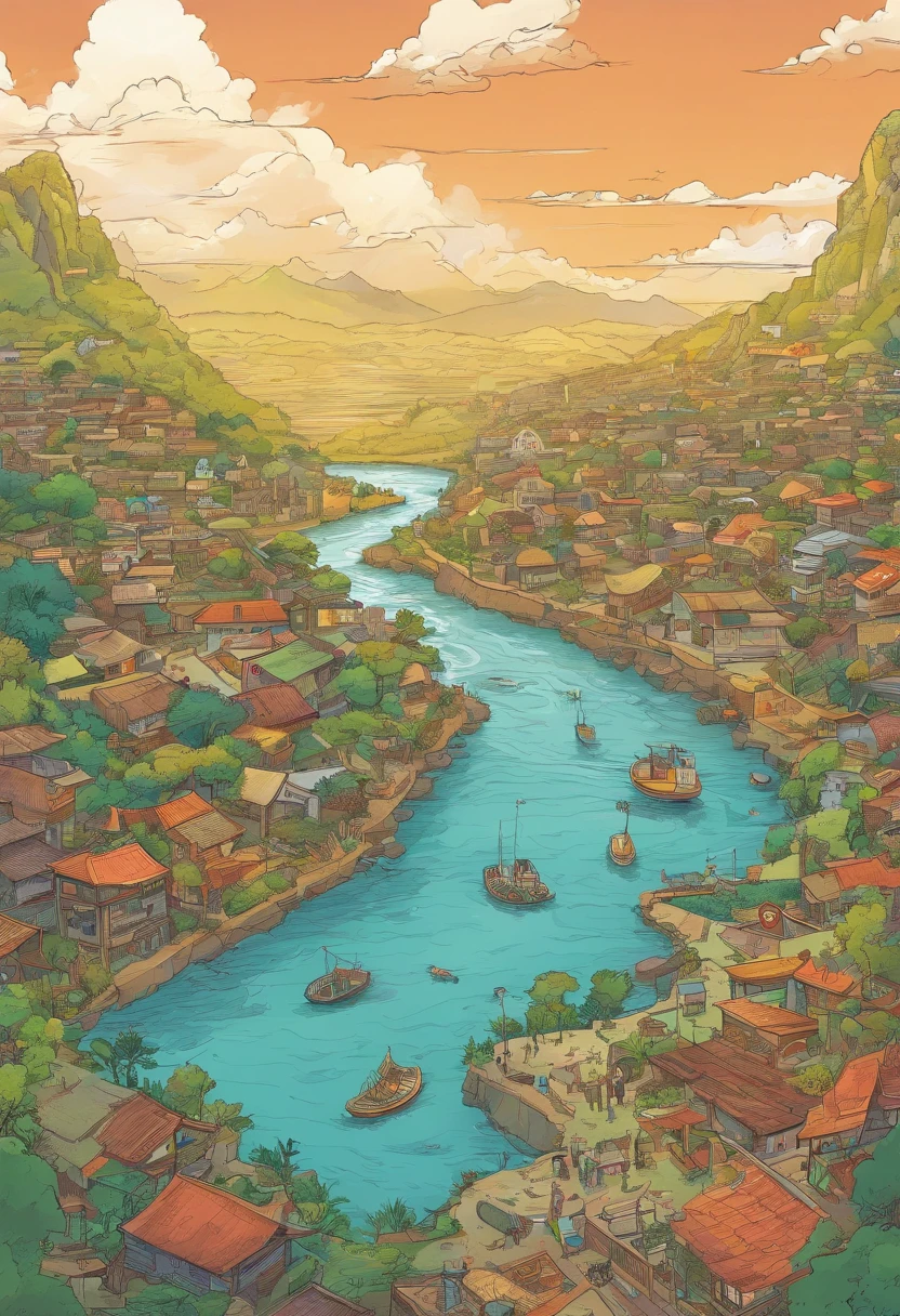 A polluted river runs through from top to bottom, serpenteando, between mountains, pueblos rurales, bosques, ciudades, industrias, indigenous populations, etc... a su paso, you see a succession of human actions, contaminantes con la flora, la fauna y el medio ambiente, affecting other populations along the river, that will finally flow into the sea. With manga video game map aesthetics. Super aerial view with shadows.