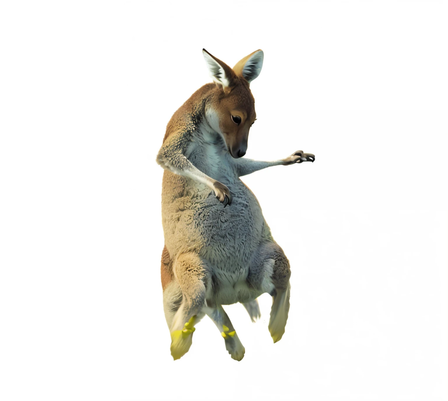 there is a kangaroo that is jumping up in the air, subject : kangaroo, subject: kangaroo, kangaroo, hyper real highly detailed, spy kangaroo, extremely high quality scan, leaping towards viewer, highly detailed animal, in australia, leaping, caught, leaping into the air, leaping with arms up, digital art animal photo, on his hind legs