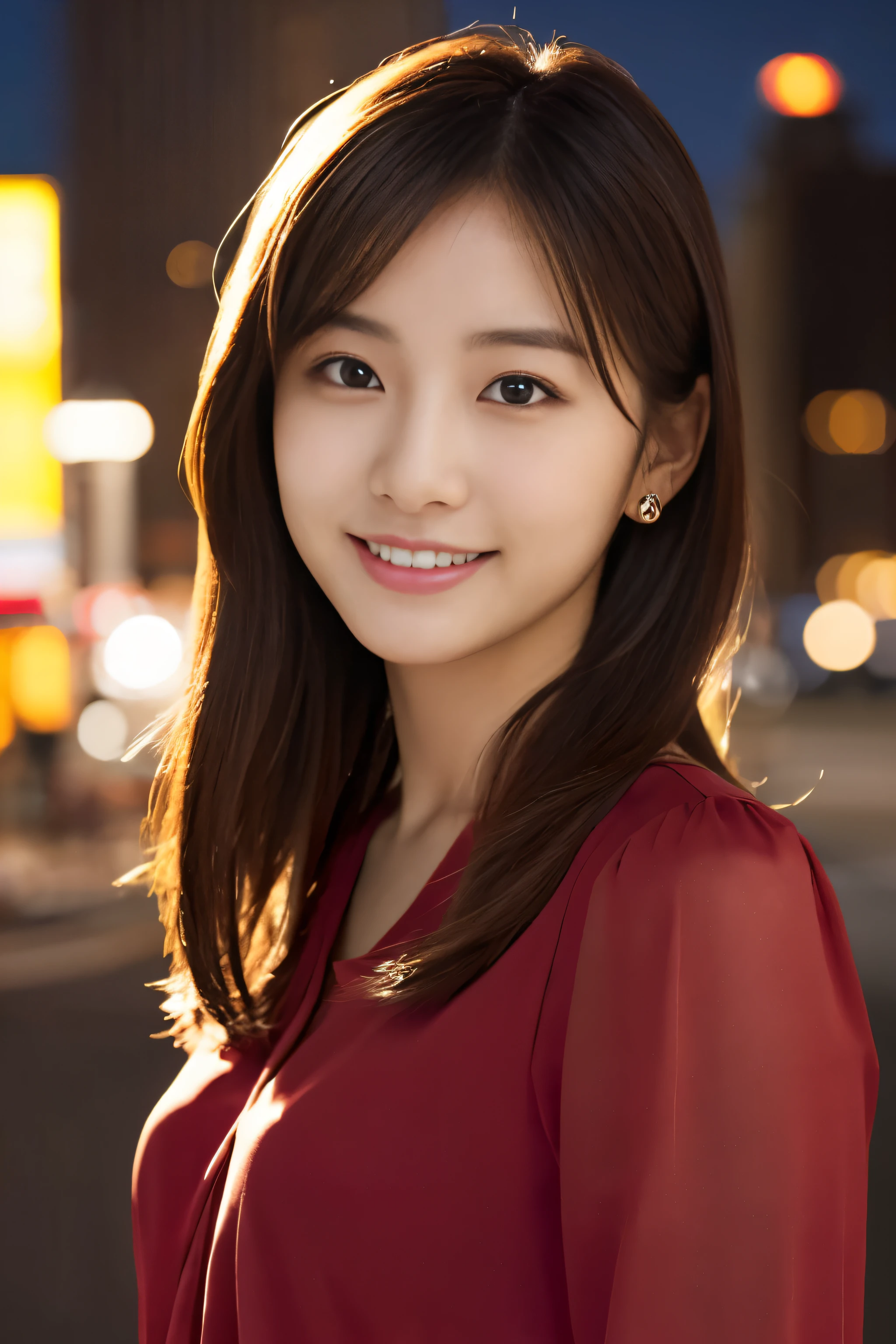 1 girl, (wearing a red blouse:1.2), beautiful japanese actress,
(RAW photo, highest quality), (realistic, Photoreal:1.4), masterpiece,
very delicate and beautiful, very detailed, 2k wallpaper, wonderful,
finely, very detailed CG Unity 8K 壁紙, Super detailed, High resolution,
soft light, beautiful detailed girl, very detailed目と顔, beautifully detailed nose, beautiful and detailed eyes,
cinematic lighting, Against the backdrop of the cityscape at night, city lights, perfect anatomy, slender body, smile