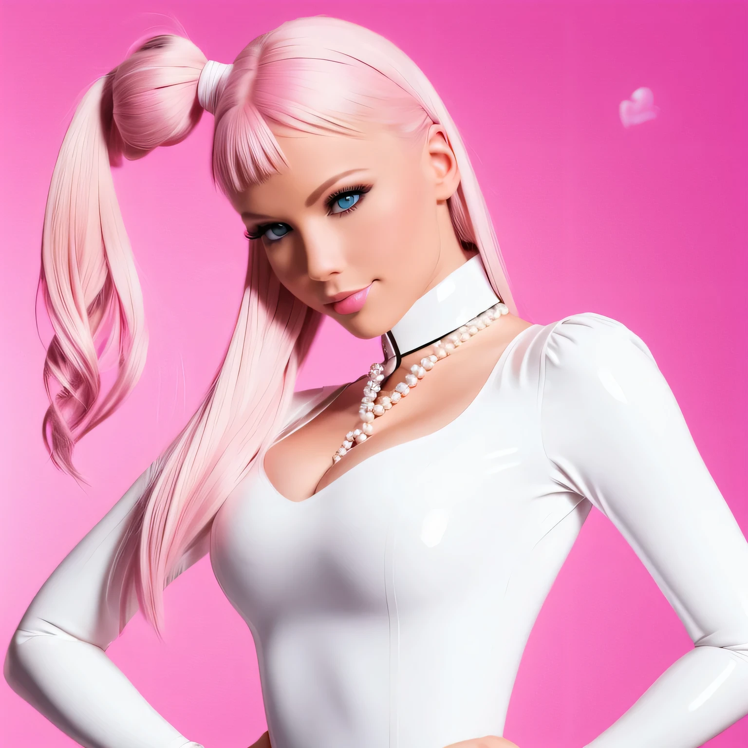 (best quality,4K,8 TAUSEND,high resolution,Meisterwerk:1.2),ultra-detailliert,realistisch:1.37, beautiful pretty young girl in white latex blouse, Buttoned latex blouse, Latex leggings with check pattern in shiny pink and blue, blond mit Space Buns, schlank, vollbusig, adrett, sexy, pinke Ohrringe, Necklace with white pearls, UHD resolution, Perfektes Bild, lebendige Farben,
