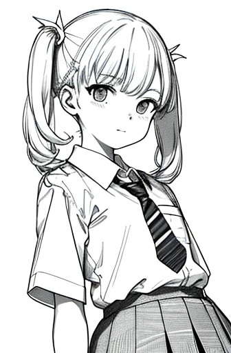 Upper body,masterpiece, acura, 1 girl, one person,Undertwin tail ,primary school student,skirt,tie, white background, monochrome, line drawing, ((sketch))