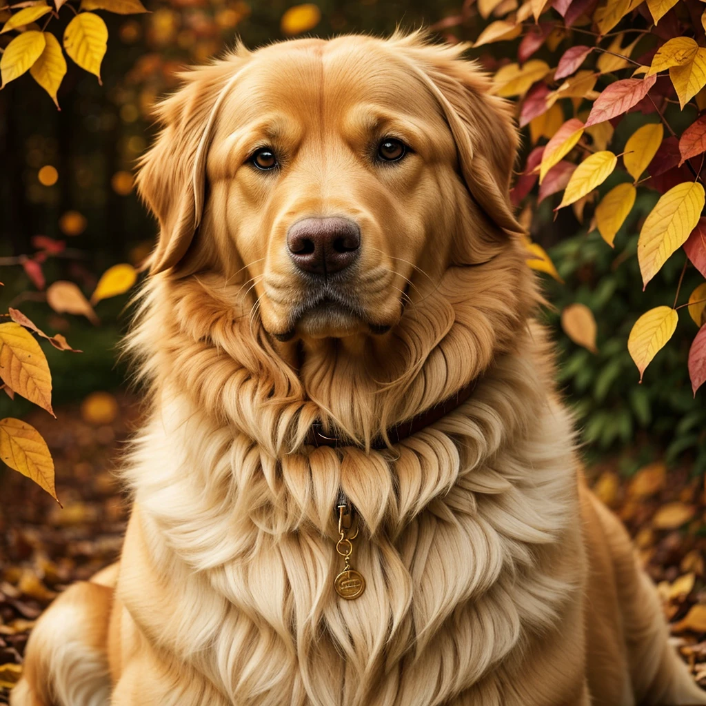 Golden Retriever dog with a perfect, radiant caramel coat, capturing its regal presence in a 4K high definition portrait. Sharp focus on its expressive eyes and intricately textured fur, delivering a realistic and engaging depiction. Side lighting to accentuate its stunning coat and muscular build, further enhancing its natural beauty. Detailed facial features, highlighting its gentle and friendly demeanor, with a subtle blush of warmth on its cheeks. The background showcases an autumnal scene, adorned with golden leaves and warm colors, creating a harmonious blend between man and nature. The soft, golden fur of the Golden Retriever is rendered with striking detail and authenticity,