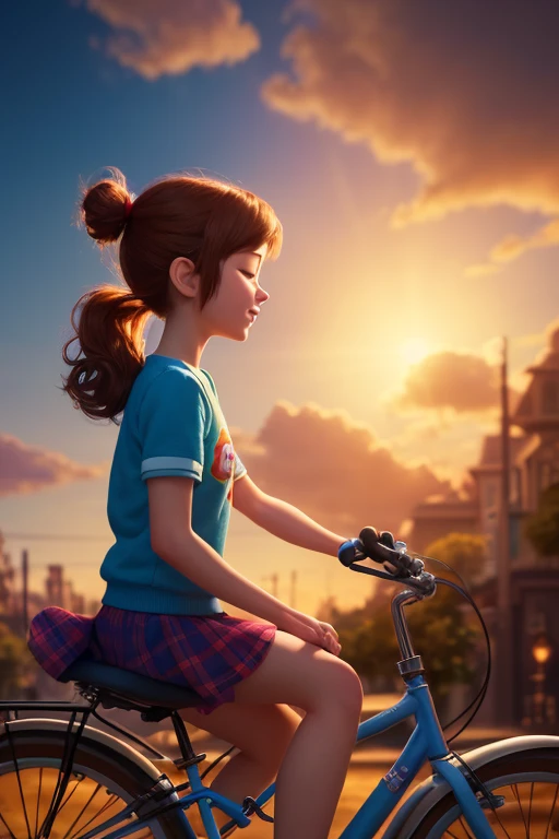 a kid girl on a bicicle. happy with closed eyes. profile shot. dramatic lighting. Pixar render. disney character. disney style. unreal engine. cinematic smooth, intricate detail