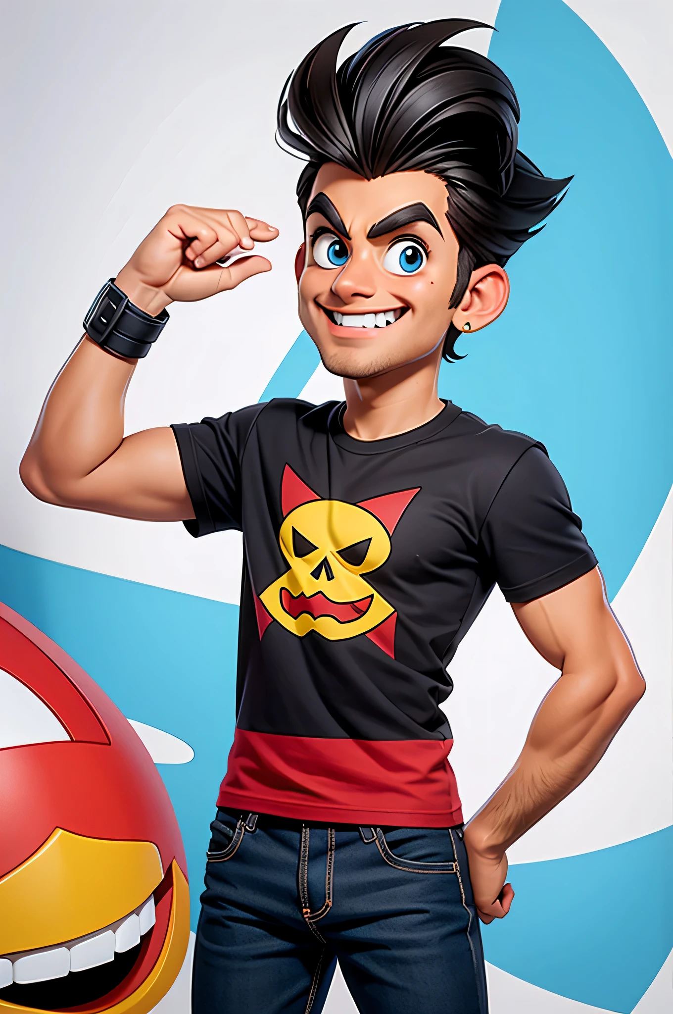 heroi cartoon personagem ,camiseta preta com estampa rock and rool