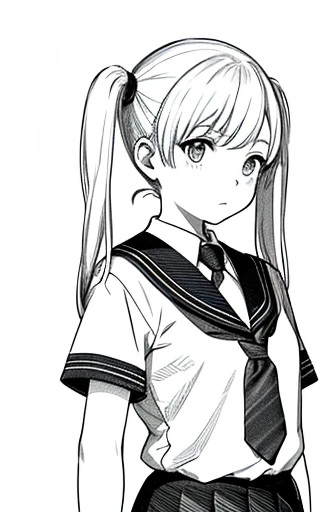 Upper body,masterpiece, acura, 1 girl, one person,low twintails ,primary school student,skirt,tie, white background, monochrome, line drawing, ((sketch))