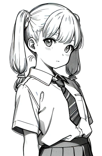 Upper body,masterpiece, acura, 1 girl, one person,low twintails ,primary school student,skirt,tie, white background, monochrome, line drawing, ((sketch))