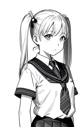 Upper body,masterpiece, acura, 1 girl, one person,country style twin tails ,primary school student,skirt,tie, white background, monochrome, line drawing, ((sketch))