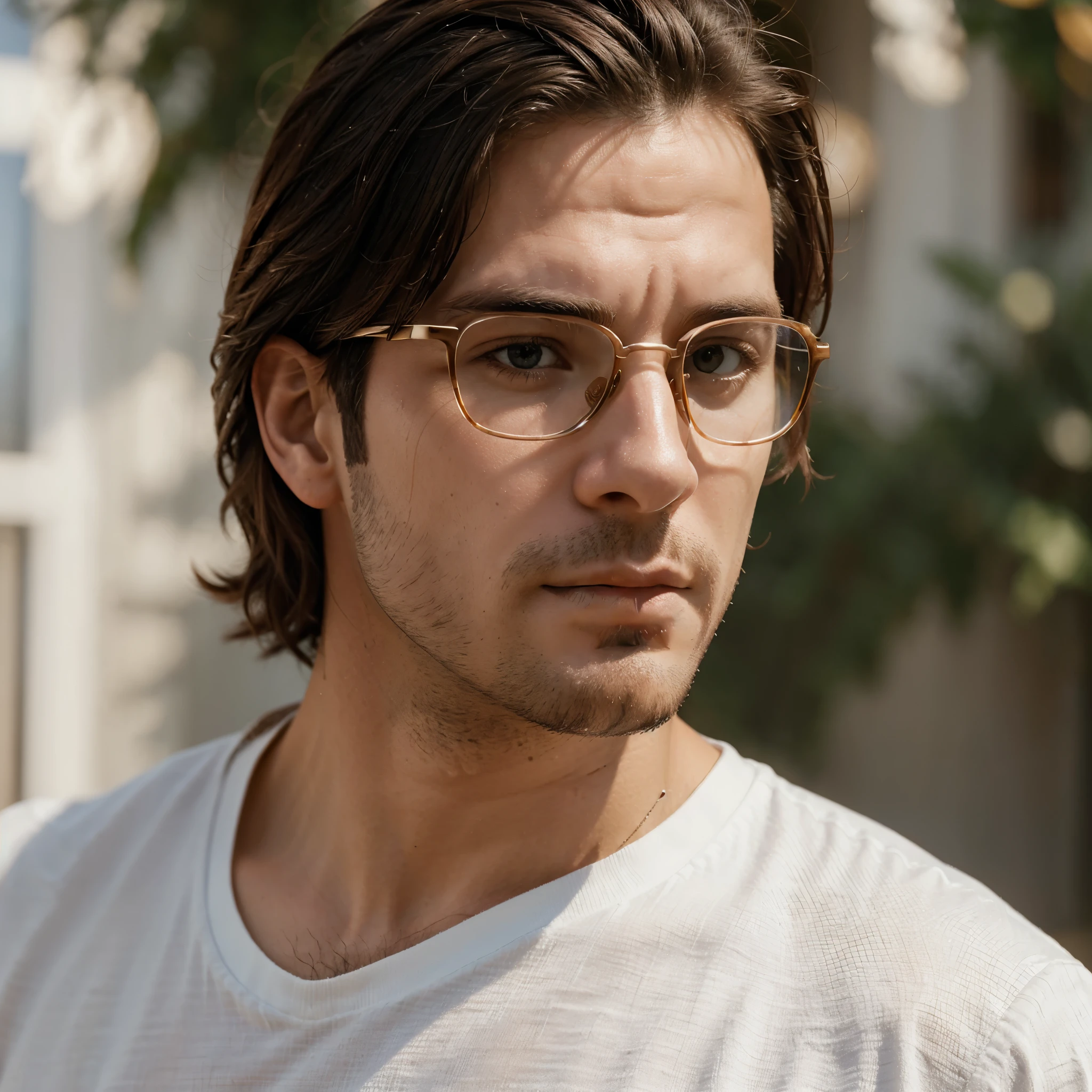 Handsome man, Focused Portrait, Attractive hairs, Beautiful Blurry portrait Background, Sunlight on Face, Beautiful Glasses,White shirt, with 8k quality, highly Realistic