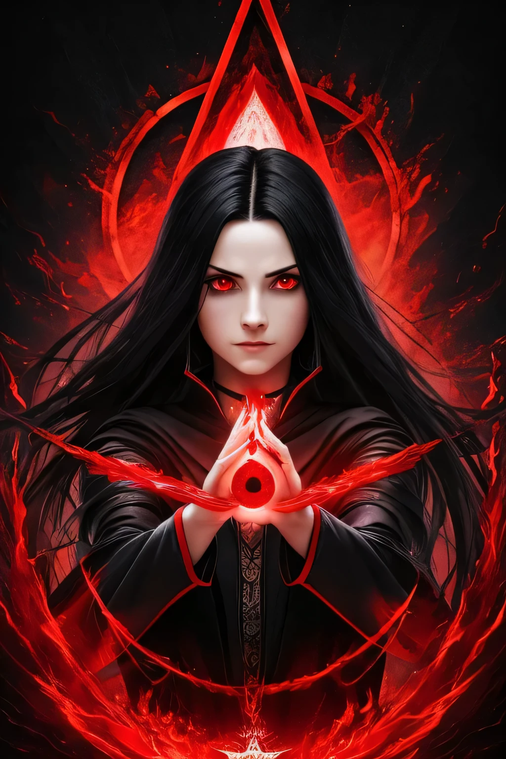 sorceress with black hair and red eyes casting a blood spell