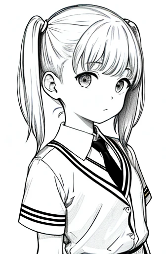 Upper body,masterpiece, acura, 1 girl, one person,pigtails ,primary school student,skirt,tie,  white background, monochrome, line drawing, ((sketch))
