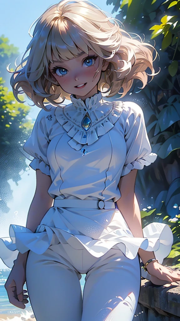 Semi-realistic Anime:1.4 (CG unity 8k wallpaper), (masterpiece), (best quality), BREAK 1 beautiful 23 year-old girl, perfect face, light blonde hair, (feathered center part bangs, forehead showing, tame medium-short hair, small upturn rolled curls framing face, 70's Farrah Fawcett feathered / Seiko Matsudo hairstyle), CosmiEyes, bright light blue eyes, (beautiful and detailed description of the eyes), ultra detailed, open mouth smile, perfect teeth, light blush on cheeks, detailed body, light tan, hands kept behind back in a shy pose, (detailed face), cute, charming, coy, ((white or light blue blouse, frilly blouse, short sleeves, girly blue or white jeans, non-distress)), BREAK dynamic pose, cowboy view, (centered, Scale to fit dimensions, Rule of thirds), standing, park setting, nearby tree, flowers, sunny day, early afternoon, cinematic lighting, detailed background.