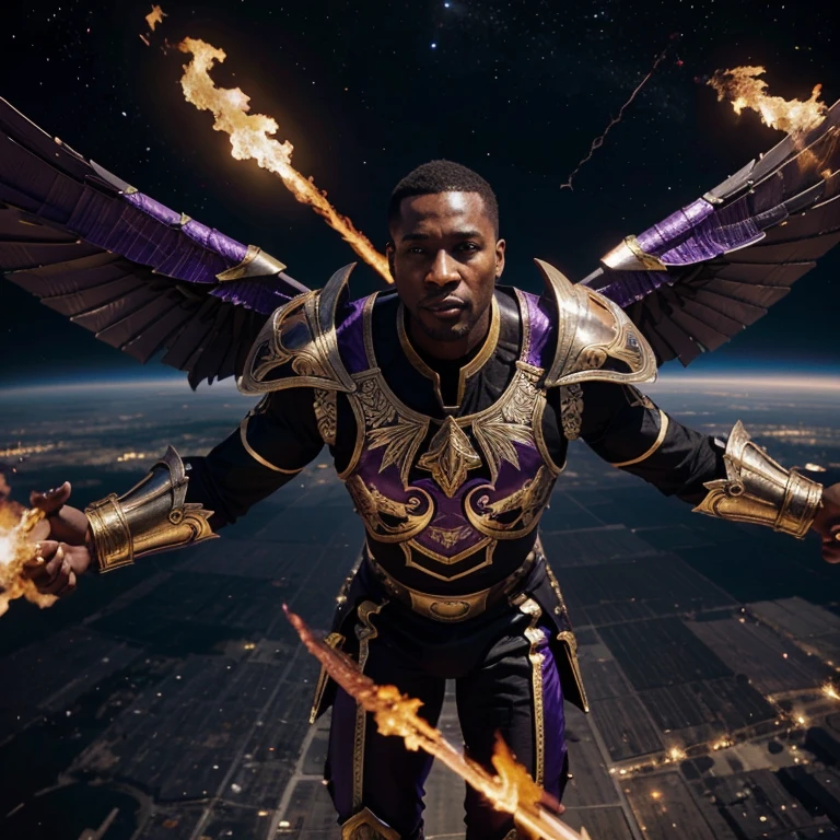 Black men with wings and purple and gold armor flying on UFOs from space to earth and swords in their hand on fire