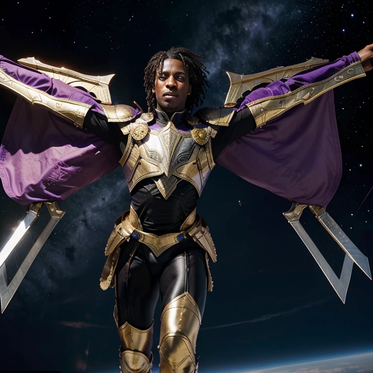 Black men with wings and purple and gold armor flying on UFOs from space to earth and swords in their hand on fire