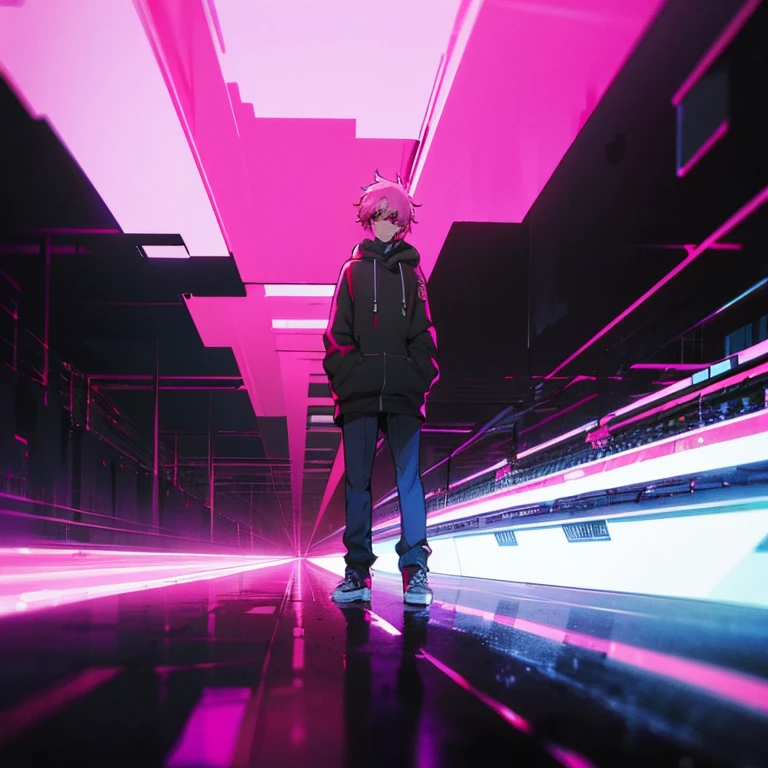(top quality), (masterpiece), (Super detailed), (shortcut), (two block hair), (bright pink hair), (red eyes), (Man standing in a recording studio wearing headphones), (oversized hoodie), (Street style), (neon), (neonデイライト), (cinematic), (stylish), (High resolution), (hyper-detailed), (Nightcore), (a handsome guy), (IG studio anime style), (Low - Angle), (looking at the camera), (visualize)
