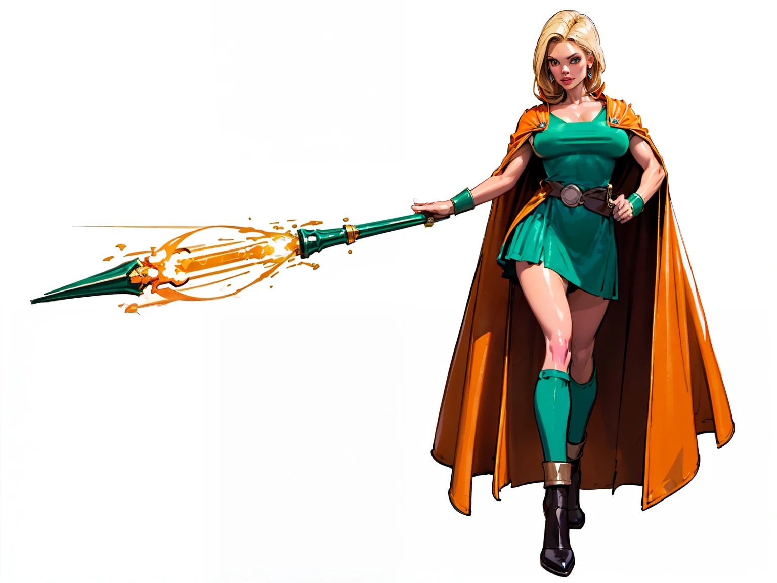 ((masterpiece)),(((best quality))), (white skin:1.4), white legs, thick legs, (royalty cape:1.5), scribbles and marks, fire, ((detailed face:1.1)), (Bianca Whitaker), dragon quest, (clean lines), perfect rendering, ((official art)), aqua dress color, white and gold cape, pose too, blonde and white color palette, 8k,16k, (simple background, light background: 1.3)