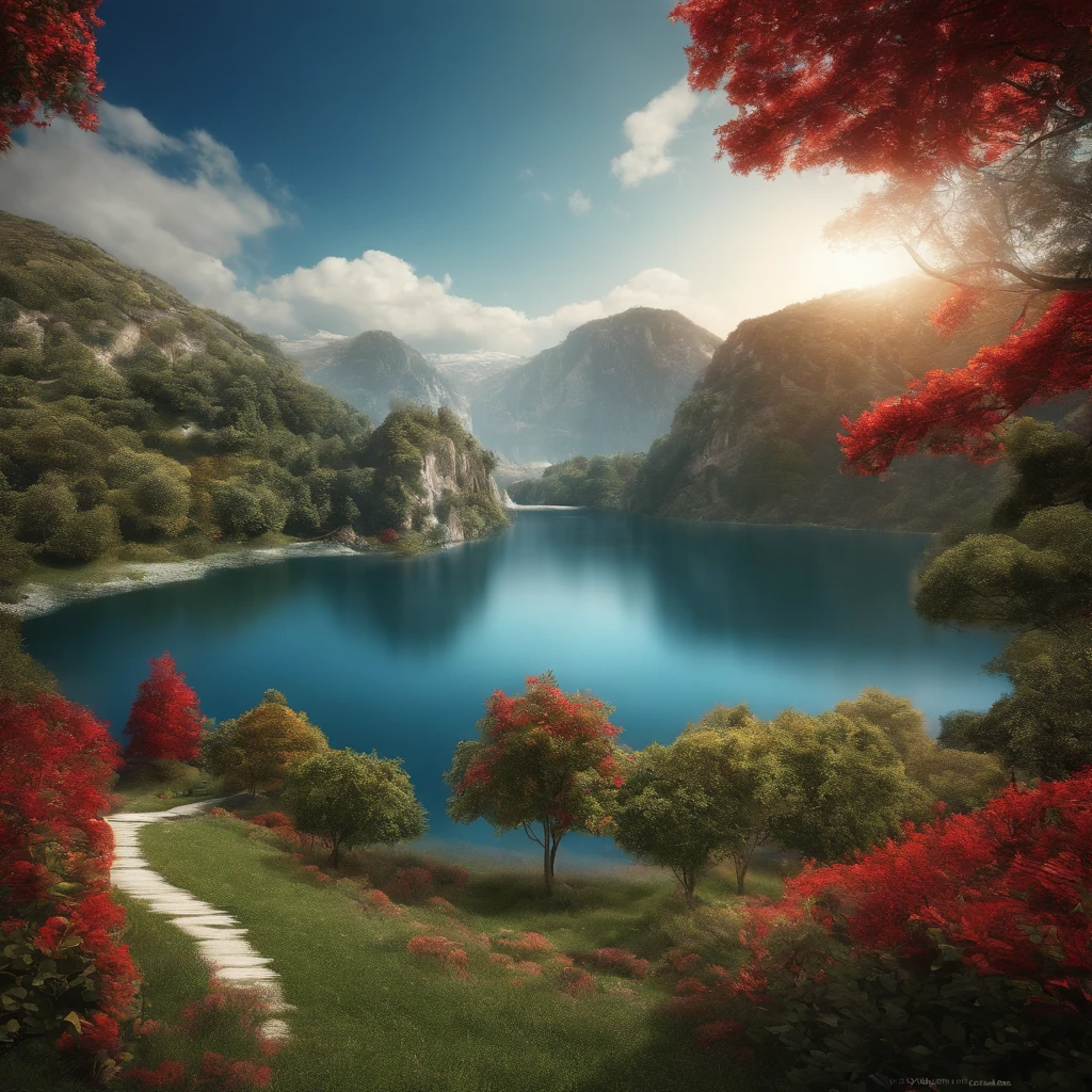 masterpiece, better quality, High quality, extremely detailed CG 8k Unity wallpaper, View from the window, landscape, water, tree, blue skies, nature, HDR, flower, Chromatic aberration, Rendering, very detailed, Trend in art., SGS trend, difficult, high detail, Dramatic, mid-journey art, 3840x2160, red & white
