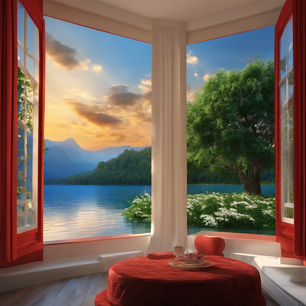 masterpiece, better quality, High quality, extremely detailed CG 8k Unity wallpaper, View from the window, landscape,  water, tree, blue skies, nature,  HDR, flower, Chromatic aberration, Rendering, very detailed, Trend in art., SGS trend, difficult, high detail, Dramatic, mid-journey art, 3840x2160, red & white