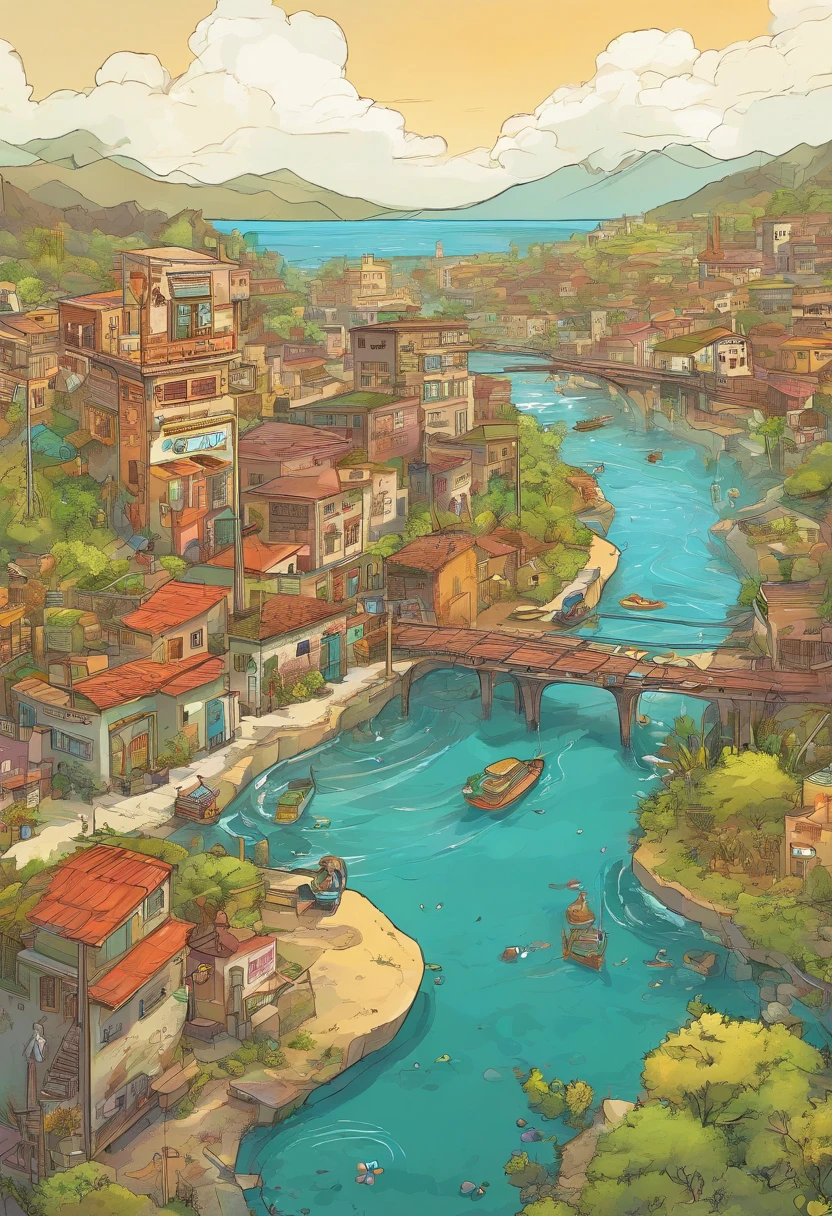 (Arriba, derecha) A polluted river winding between mountains, pueblos rurales, bosques, industrias.. y a su paso, it becomes more contaminated. Also in your path, se ven los efectos nocivos en la flora, la fauna y el medio ambiente, affecting other populations along the river, that will finally flow into the sea (Abajo centro). With manga video game map aesthetics. Super aerial view with shadows fused with the aesthetics of Google Maps.