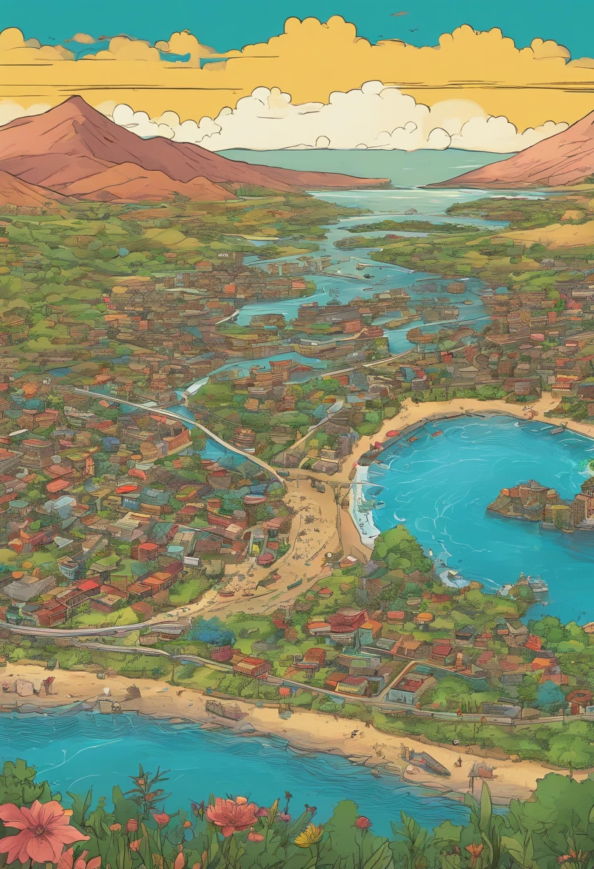 (Arriba, derecha) A polluted river winding between mountains, pueblos rurales, bosques, industrias.. y a su paso, it becomes more contaminated. Also in your path, se ven los efectos nocivos en la flora, la fauna y el medio ambiente, affecting other populations along the river, that will finally flow into the sea (Abajo centro). With manga video game map aesthetics. Super aerial view with shadows fused with the aesthetics of Google Maps.