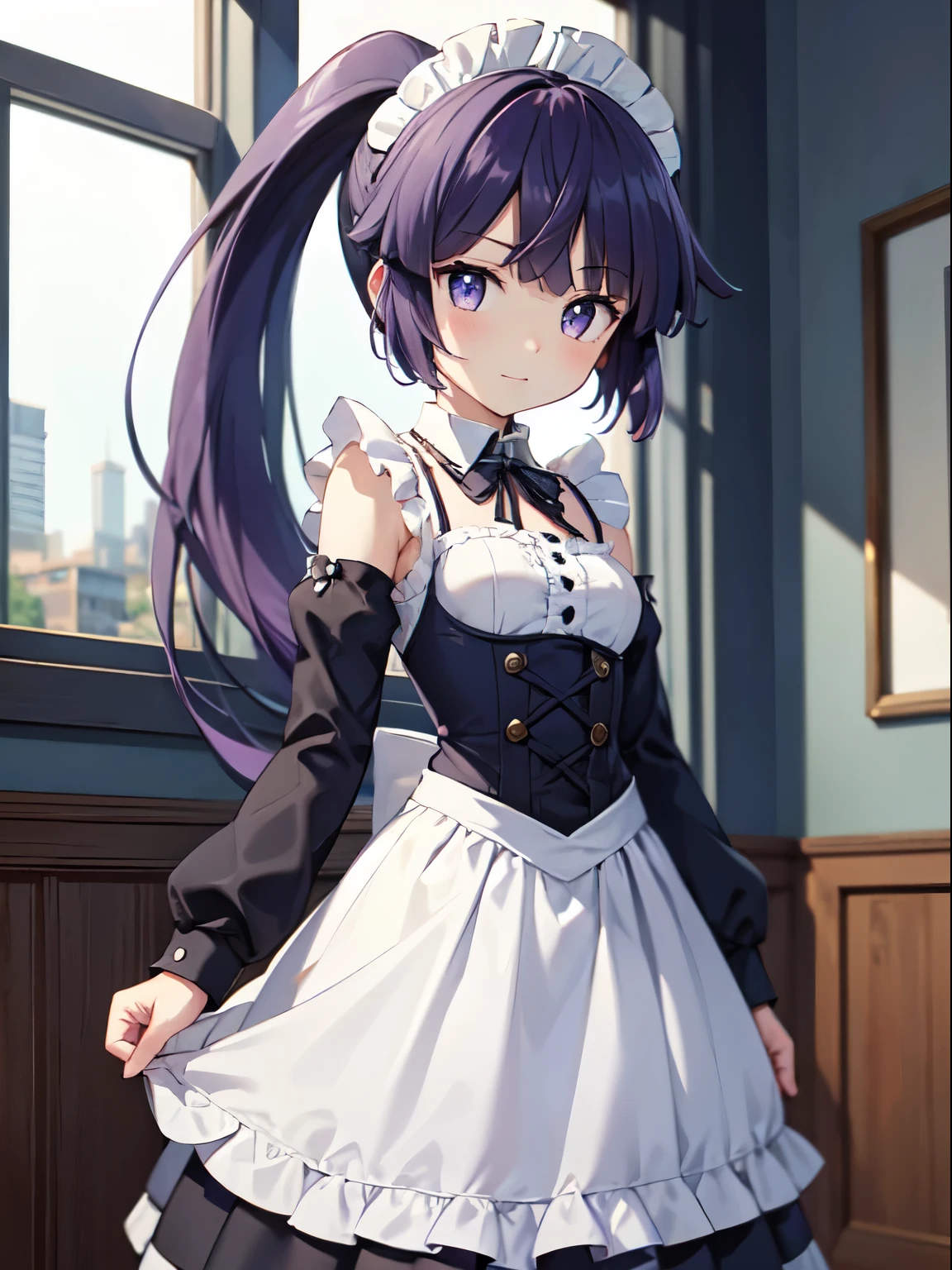 highest quality, [３D image:1.15]、[8k images:1.15]、Akatsuki、three-dimensional sense, highest quality、(Purple hair that is almost black indoors、shining eyes、Beautiful eyes of the city shining in seven colors),Anime Illustration Style,1 girl、ponytail、blue eyes、closed mouth、victorian maid outfit＿white、Gothloli style clothes、Front view、sexy、絶対的な基準をFront view、