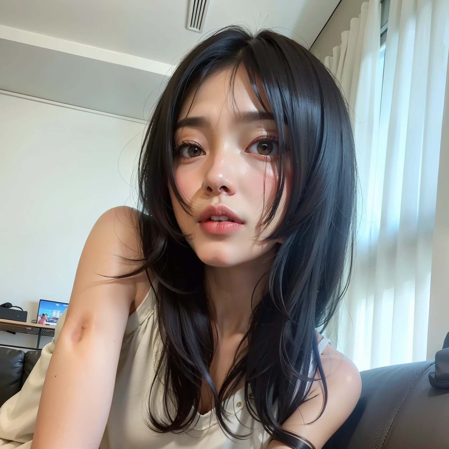 there is a woman sitting on a couch with a remote control, jaeyeon nam, Heonhwa Choe, Jinyoung Shin, Lee Ji-eun, Lee Ji-eun, o corte Hime, penteado com corte hime branco, com franja, gongbi, Ulzzang, Seseon Yoon, chiho, she has black hair com franja, Janice cantou