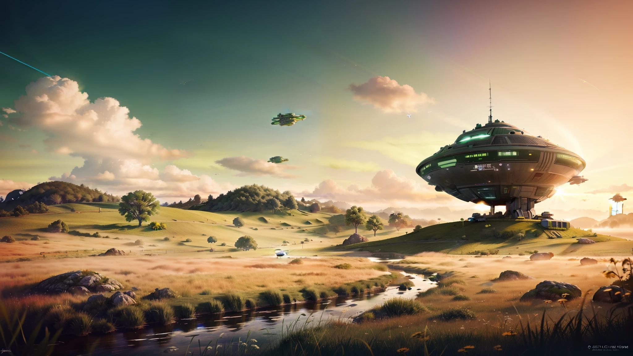 A lot of green color, a lot of green trees and green grass, green grass in the field, green trees, picture of a spaceship, flying over a sunny summer landscape, sci-fiish landscape, Beautiful sci-fi art, sci-fiish landscape, sci-fi illustrations, sci-fi illustrations, sci-fiish landscape, sci-fiish landscape, sci-fiish landscape, sci fi digital painting, sci fi digital painting, A sci-fi work of art, Sci-fi digital art illustration