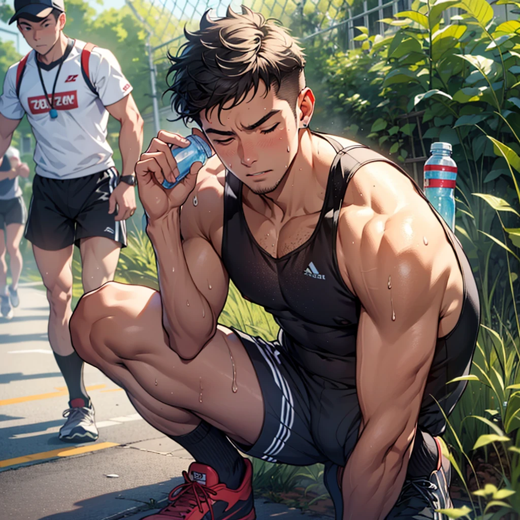 A weary male marathon runner, drenched in sweat, leans against a fence with one hand, while bringing a water bottle to his parched lips with the other. His eyes are closed, exhausted from the grueling race. Perspiration trickles down his face as he quenches his thirst, taking deep breaths to steady himself. His singlet is stained with sweat, and his shorts are plastered to his legs. His expression is one of relief and determination, as he readies himself for the final stretch. His shoes are caked with mud, adding to the evidence of his journey. The background showcases the throng of runners and supporters, all striving for their personal victories