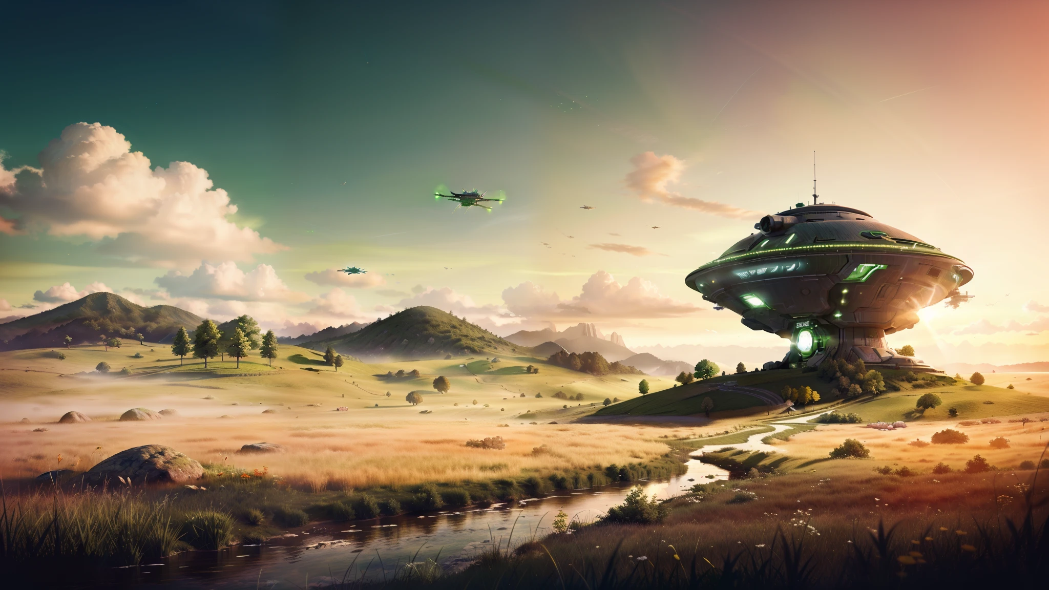 A lot of green color, a lot of green trees and green grass, green grass in the field, green trees, picture of a spaceship, flying over a sunny summer landscape, sci-fiish landscape, Beautiful sci-fi art, sci-fiish landscape, sci-fi illustrations, sci-fi illustrations, sci-fiish landscape, sci-fiish landscape, sci-fiish landscape, sci fi digital painting, sci fi digital painting, A sci-fi work of art, Sci-fi digital art illustration