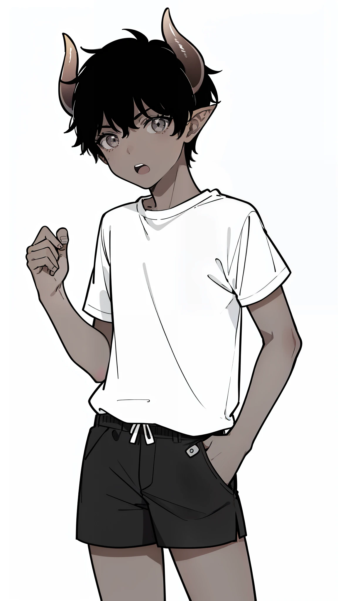1boy,,solo,surprised face,open mouth,((dark skin)),((white shirt,short sleeves,black shorts)),Short hair,black hair,elf ears,(horns),(white background,line drawing),cowboy shot