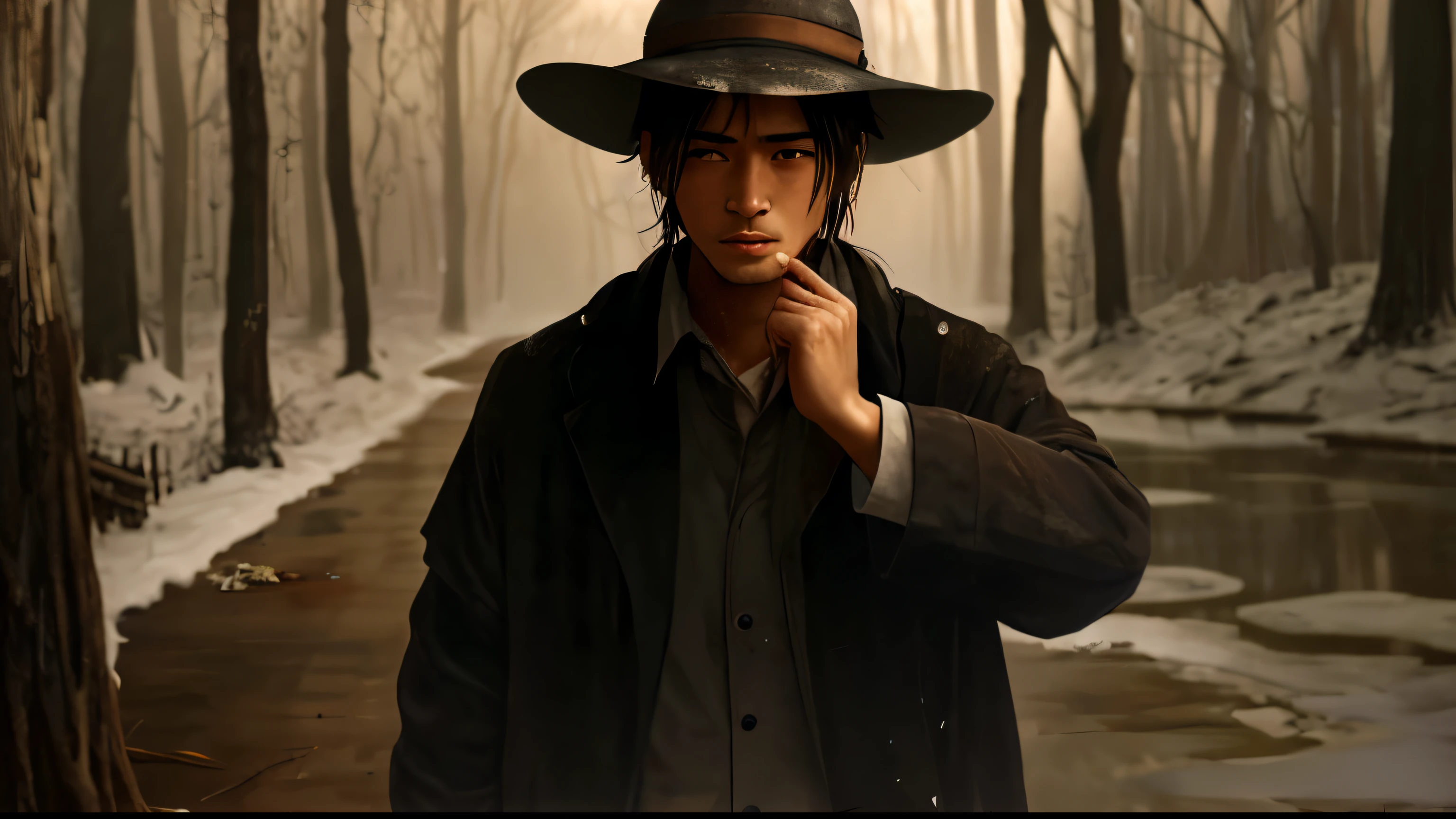 masterpiece。Screen,wallpaper,A beggar,Poor eyes, clenched fist, Sweat flowed down his face, Broken clothes,Shabby hat,Blizzard,forest without leaves