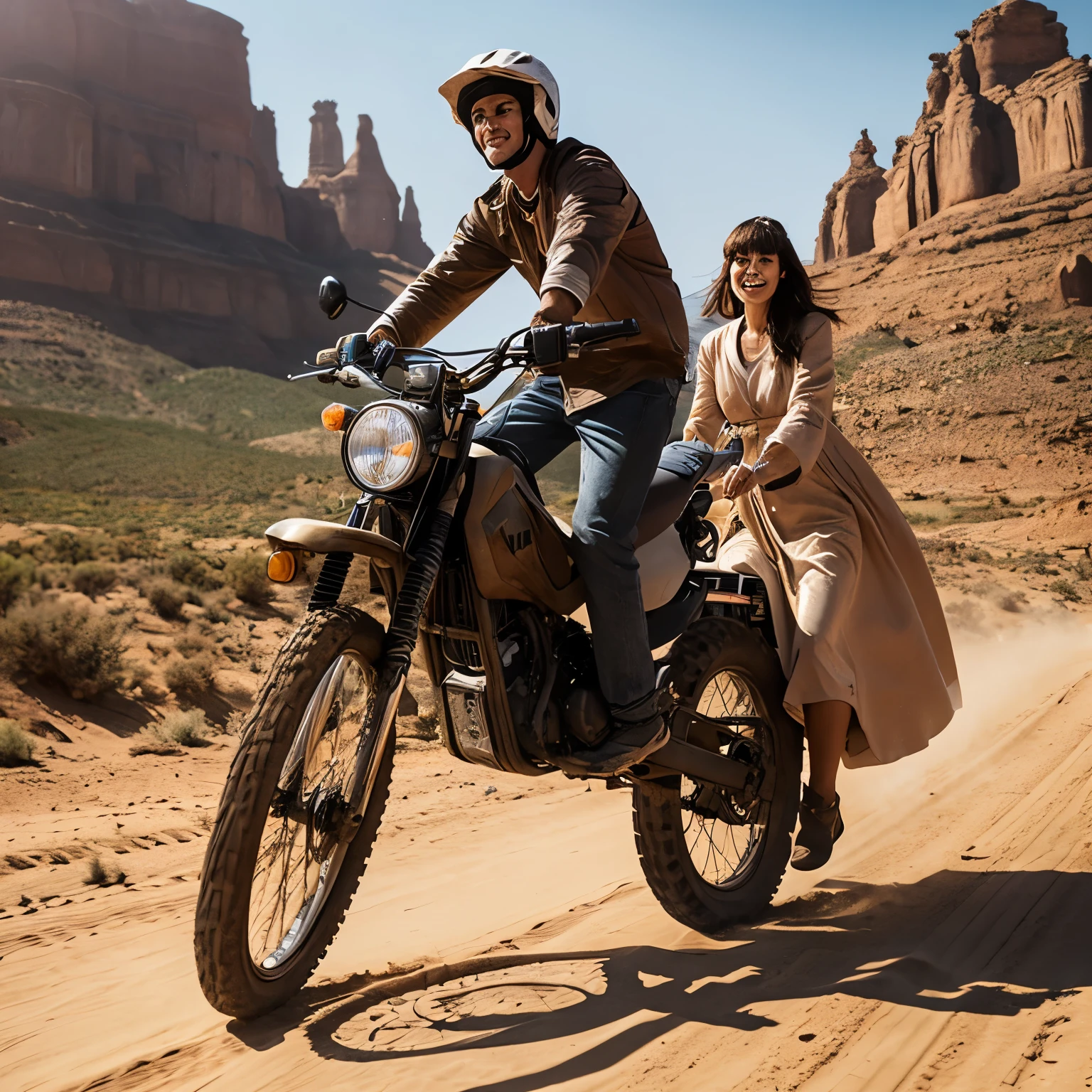 A man riding an off-road vehicle sees a woman and the woman looks like a person from a distant future