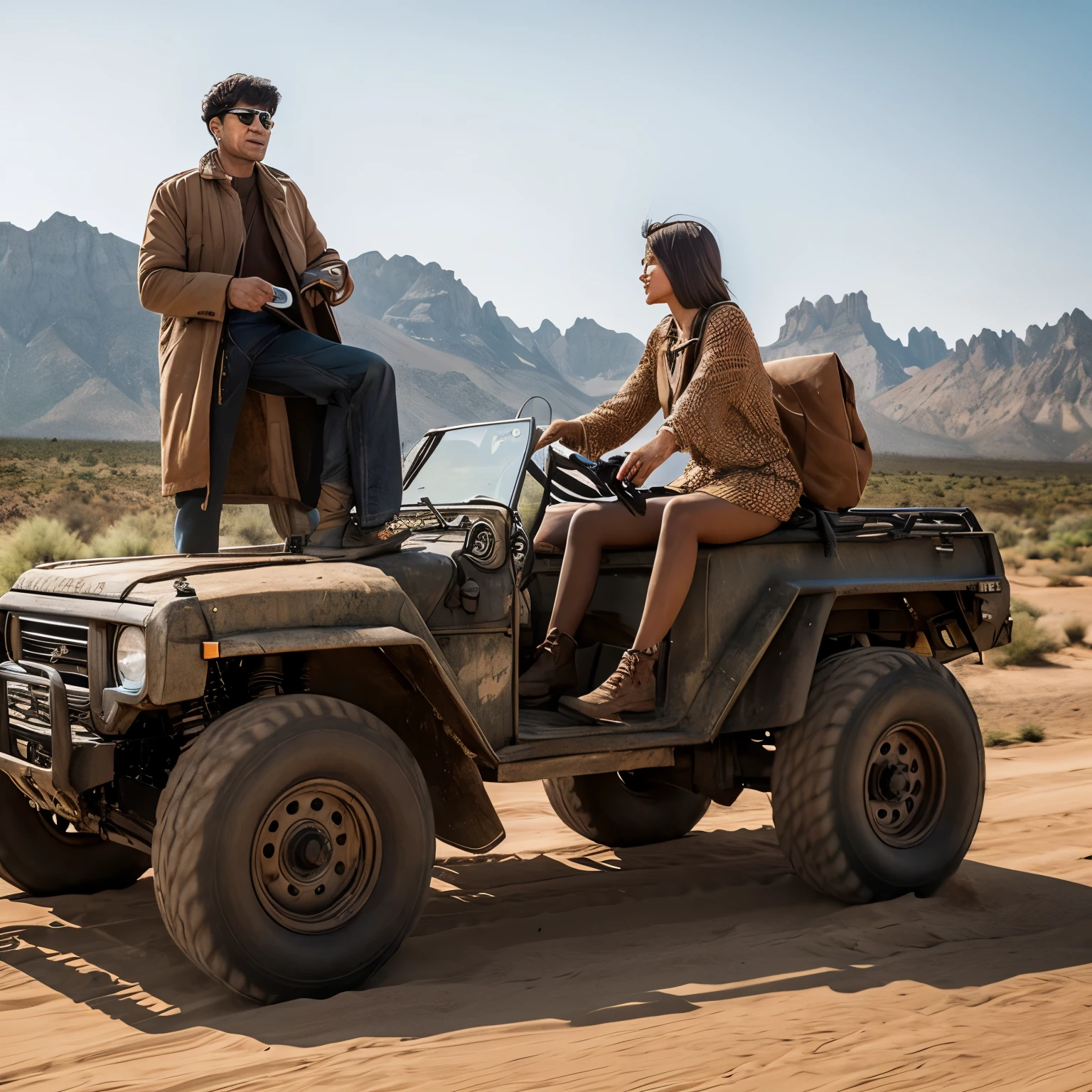 A man riding an off-road vehicle sees a woman and the woman looks like a person from a distant future