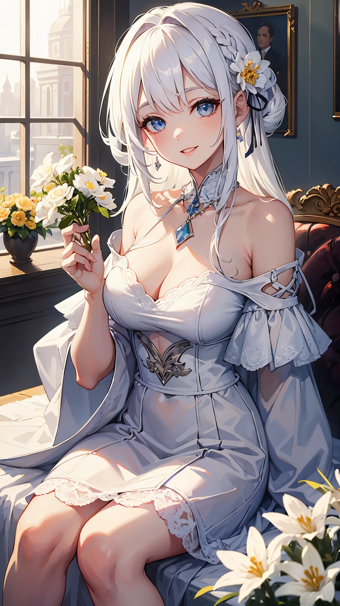 masterpiece, best quality, 1girl, white hair, smiling, looking at viewer, adult, fully mature, holding flower, off-the-shoulder- dress, parted lips