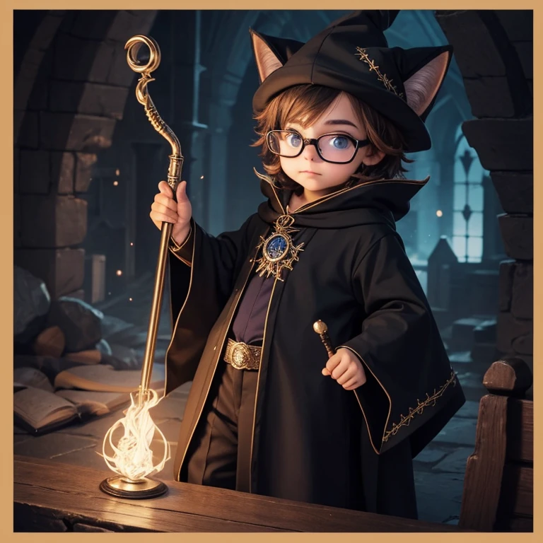 small cat wearing glasses and wearing black wizard clothes with comm, in hand a magic wand, muitos detalhes, de corpo inteiro