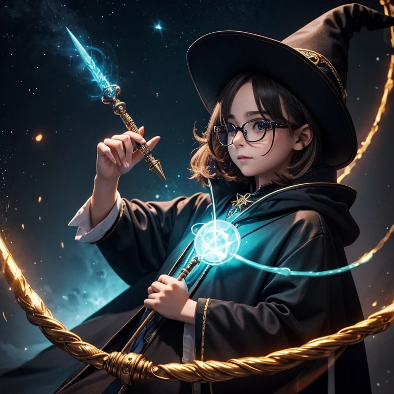 small cat wearing glasses and wearing black wizard clothes with comm, in hand a magic wand, muitos detalhes, de corpo inteiro
